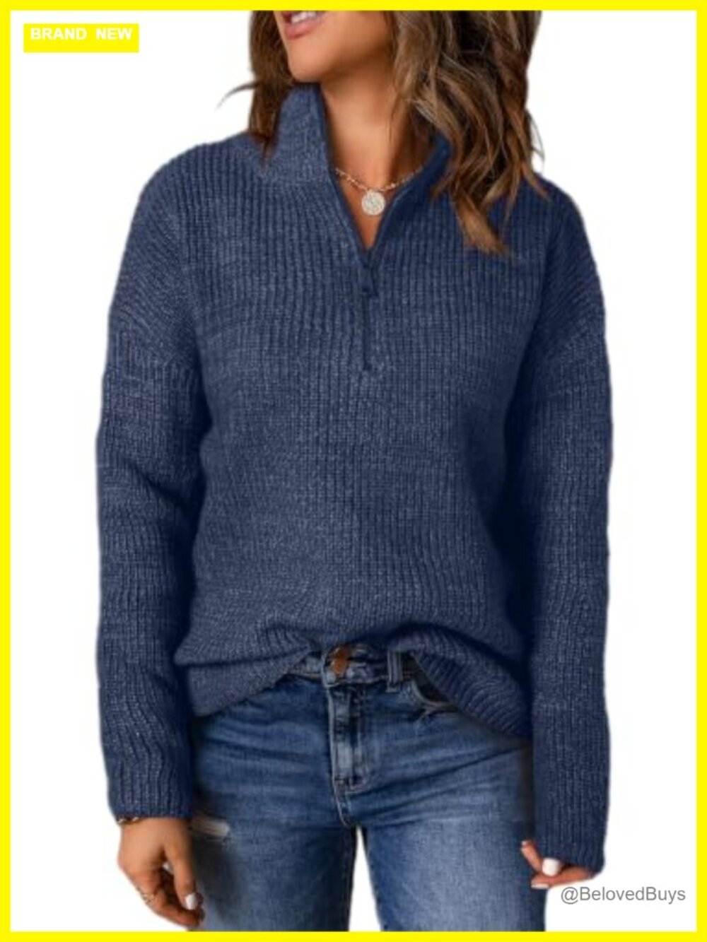Womens Quarter Zip V Neck Pullover Sweater Long Sleeve Casual Knit Top